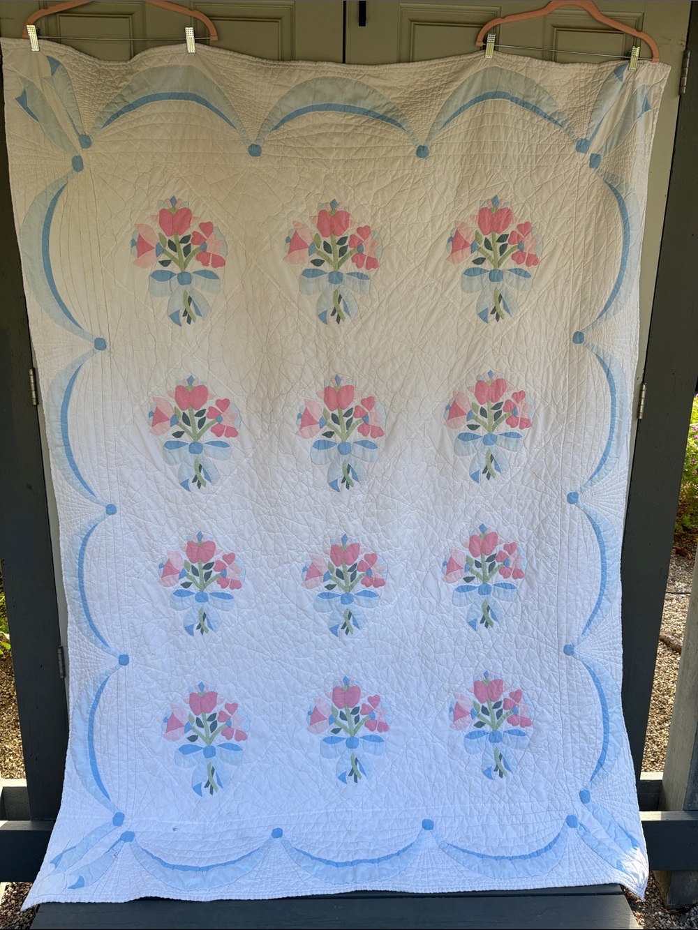 Handmade Floral Quilt Bedspread in Pink, Blue and Green